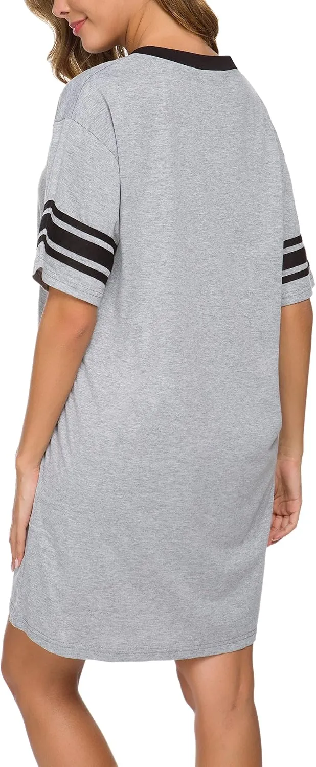 Women's Nightgown Short Sleeve Sleep Shirt V Neck Nightshirts Cotton Loose Comfy Pajamas Dress Casual Sleepwear