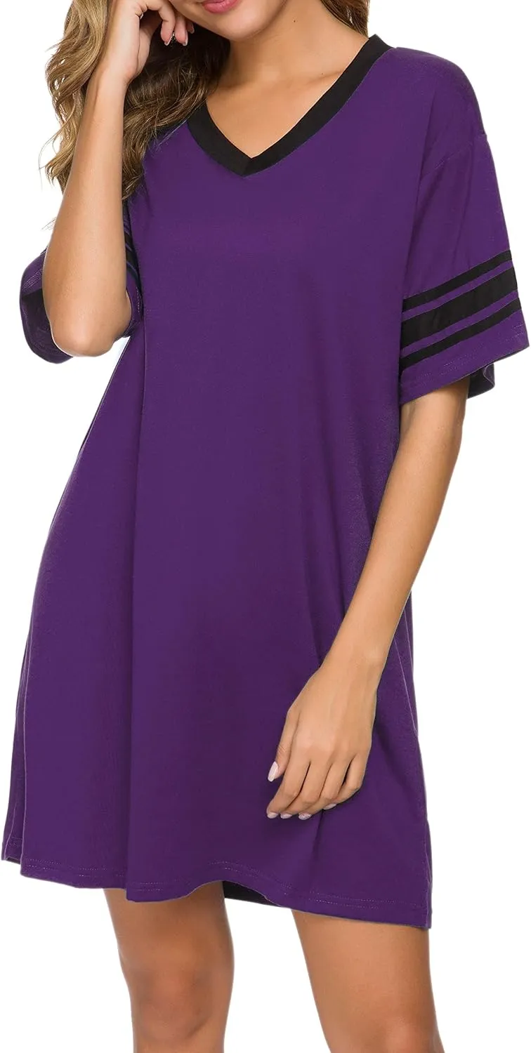 Women's Nightgown Short Sleeve Sleep Shirt V Neck Nightshirts Cotton Loose Comfy Pajamas Dress Casual Sleepwear