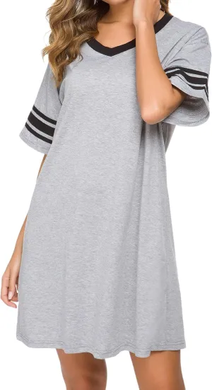 Women's Nightgown Short Sleeve Sleep Shirt V Neck Nightshirts Cotton Loose Comfy Pajamas Dress Casual Sleepwear