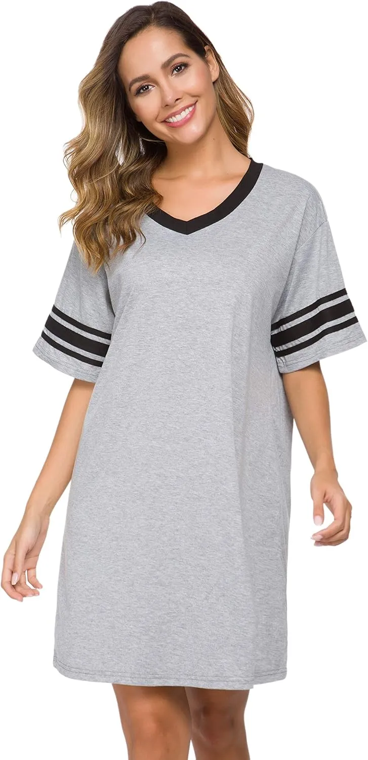 Women's Nightgown Short Sleeve Sleep Shirt V Neck Nightshirts Cotton Loose Comfy Pajamas Dress Casual Sleepwear