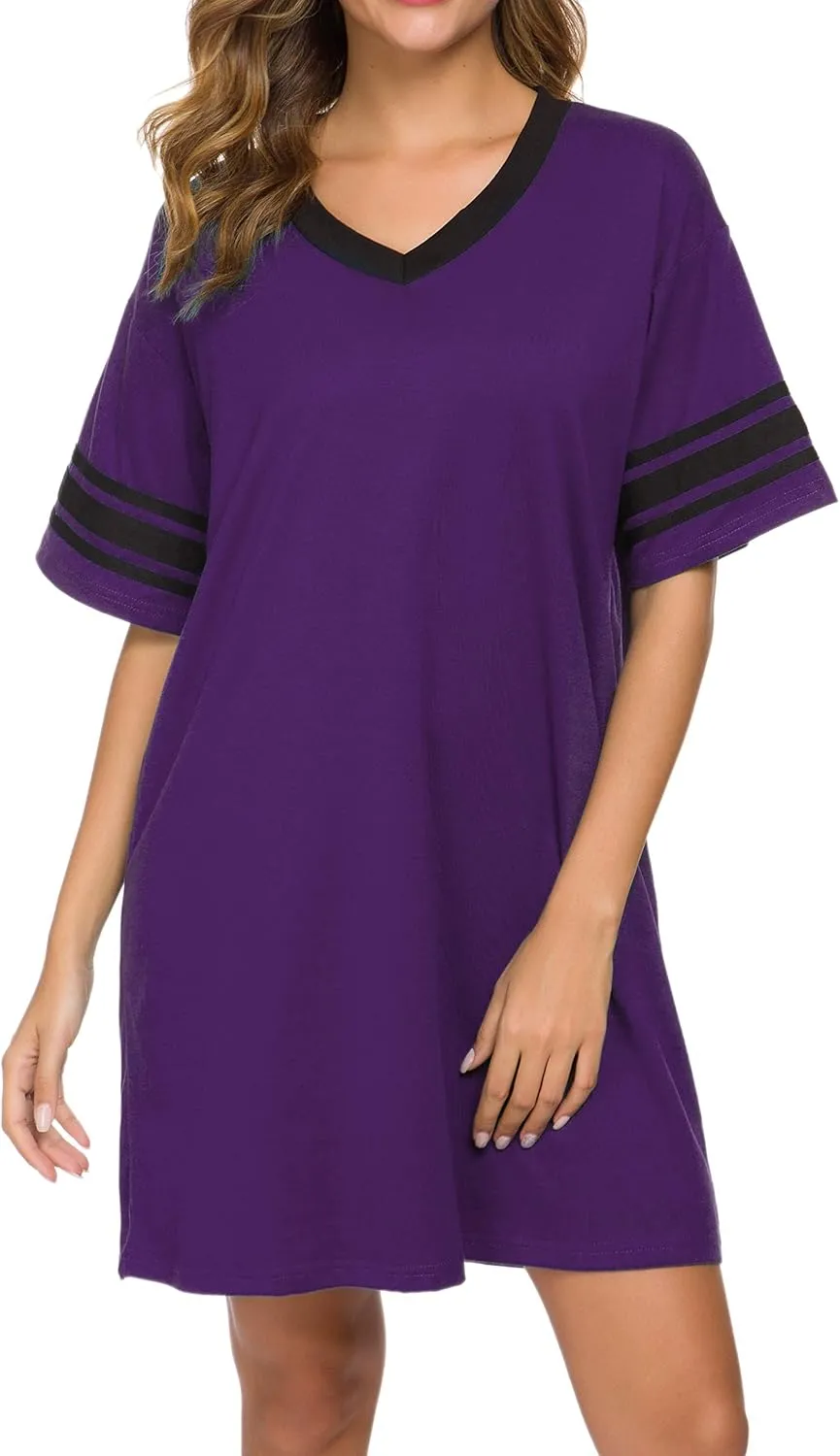 Women's Nightgown Short Sleeve Sleep Shirt V Neck Nightshirts Cotton Loose Comfy Pajamas Dress Casual Sleepwear