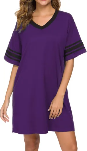 Women's Nightgown Short Sleeve Sleep Shirt V Neck Nightshirts Cotton Loose Comfy Pajamas Dress Casual Sleepwear