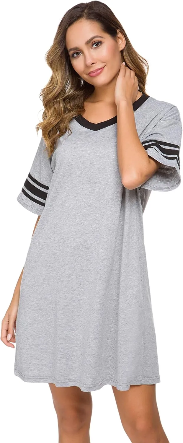 Women's Nightgown Short Sleeve Sleep Shirt V Neck Nightshirts Cotton Loose Comfy Pajamas Dress Casual Sleepwear