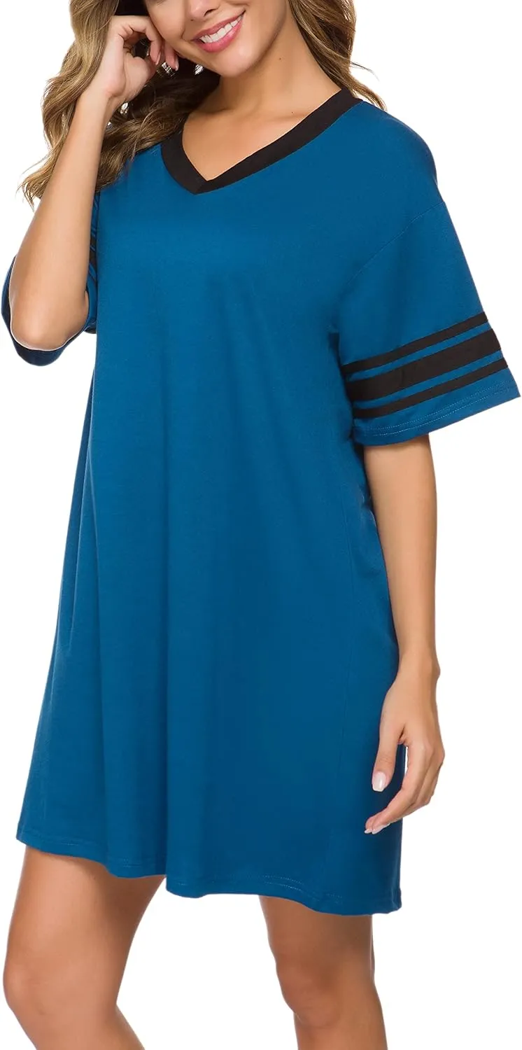 Women's Nightgown Short Sleeve Sleep Shirt V Neck Nightshirts Cotton Loose Comfy Pajamas Dress Casual Sleepwear