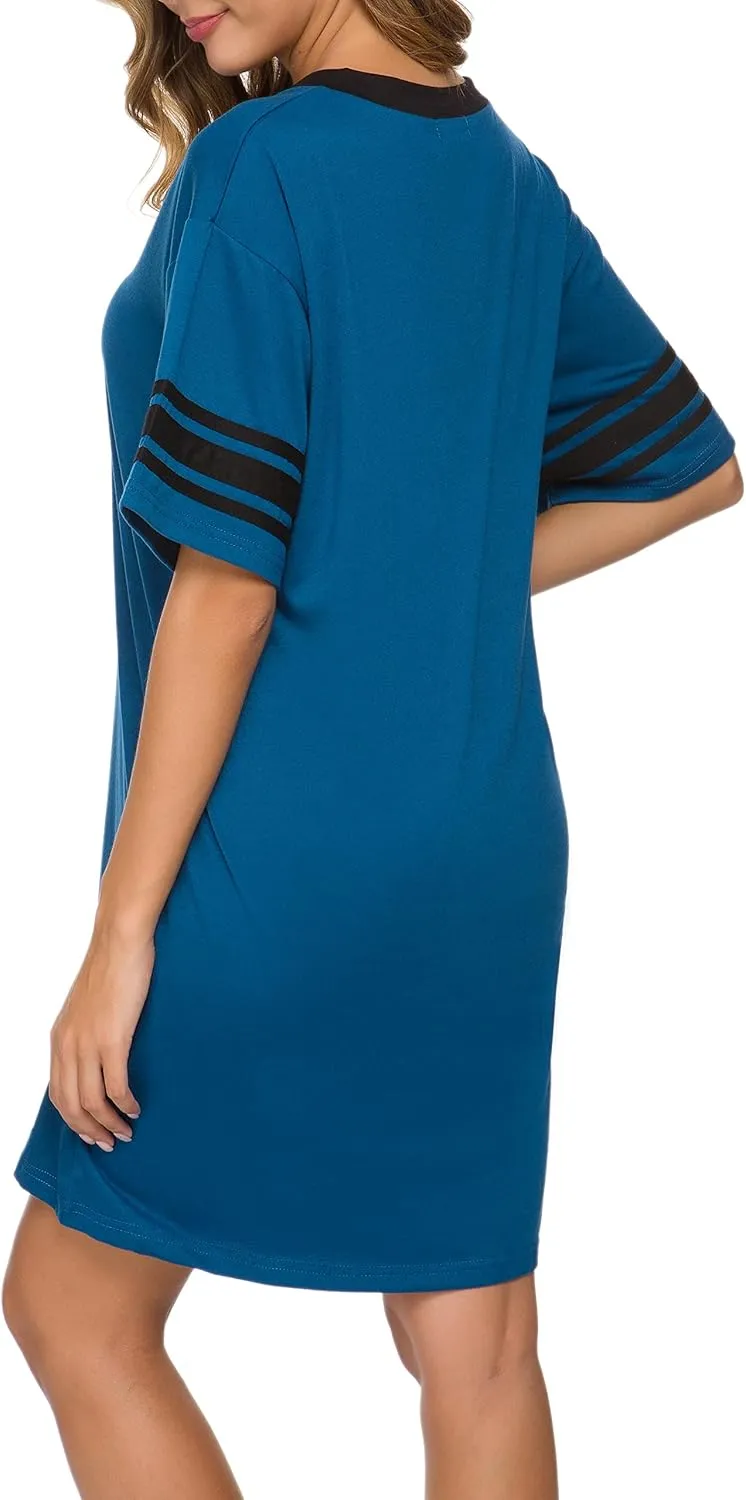 Women's Nightgown Short Sleeve Sleep Shirt V Neck Nightshirts Cotton Loose Comfy Pajamas Dress Casual Sleepwear