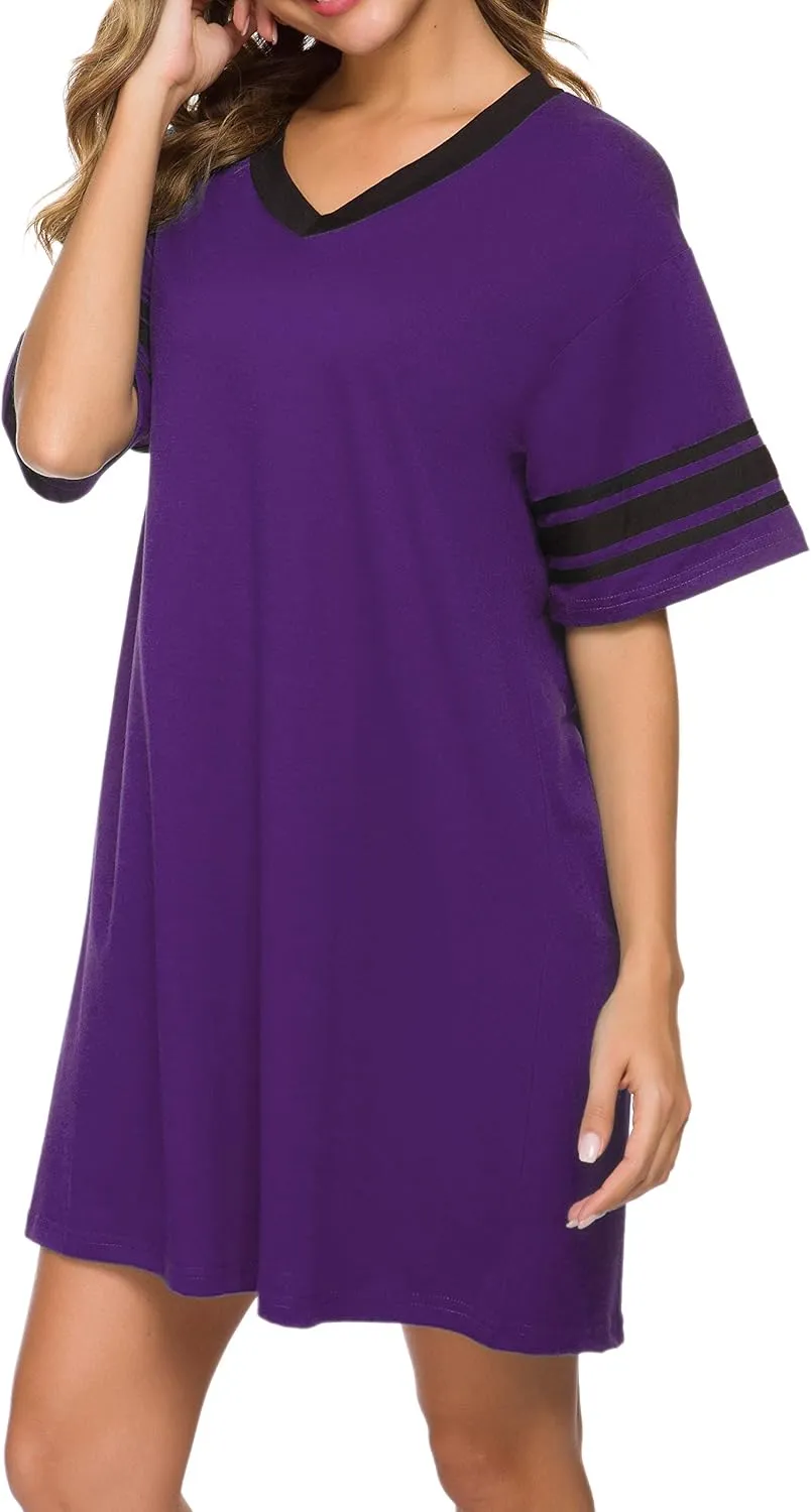 Women's Nightgown Short Sleeve Sleep Shirt V Neck Nightshirts Cotton Loose Comfy Pajamas Dress Casual Sleepwear
