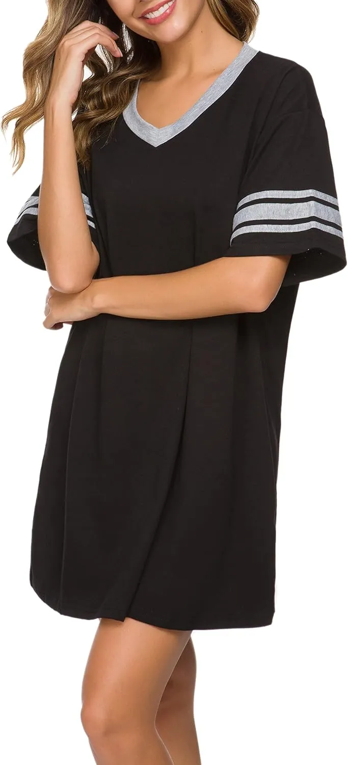 Women's Nightgown Short Sleeve Sleep Shirt V Neck Nightshirts Cotton Loose Comfy Pajamas Dress Casual Sleepwear