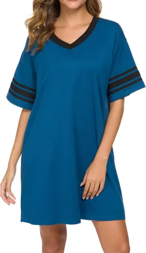 Women's Nightgown Short Sleeve Sleep Shirt V Neck Nightshirts Cotton Loose Comfy Pajamas Dress Casual Sleepwear