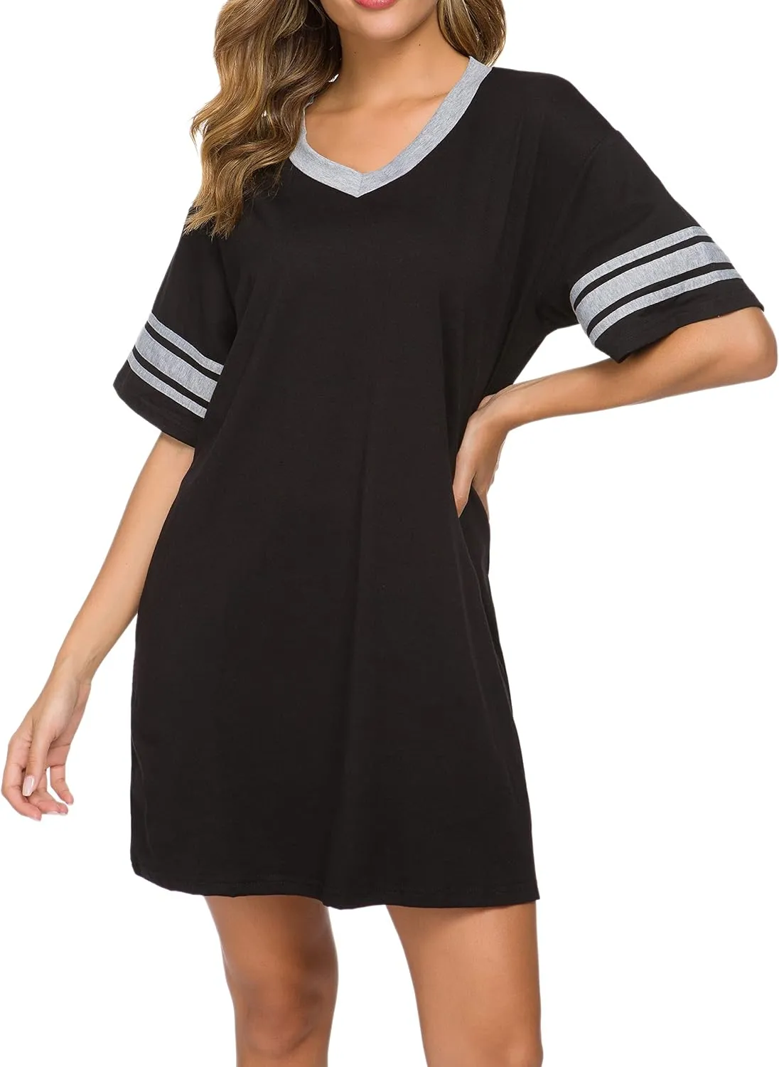 Women's Nightgown Short Sleeve Sleep Shirt V Neck Nightshirts Cotton Loose Comfy Pajamas Dress Casual Sleepwear