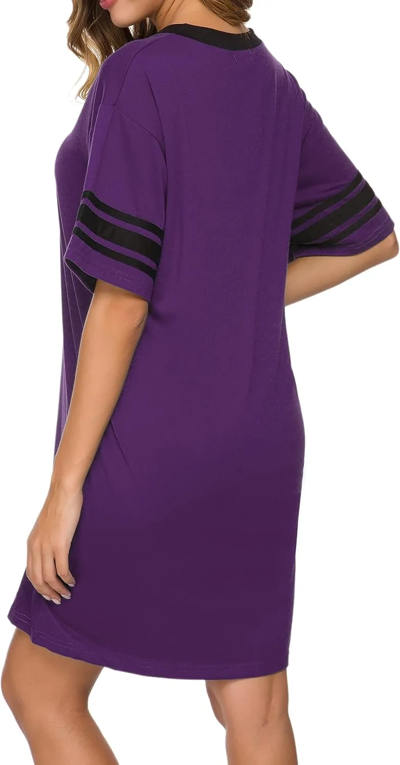 Women's Nightgown Short Sleeve Sleep Shirt V Neck Nightshirts Cotton Loose Comfy Pajamas Dress Casual Sleepwear