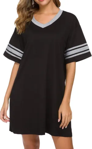 Women's Nightgown Short Sleeve Sleep Shirt V Neck Nightshirts Cotton Loose Comfy Pajamas Dress Casual Sleepwear