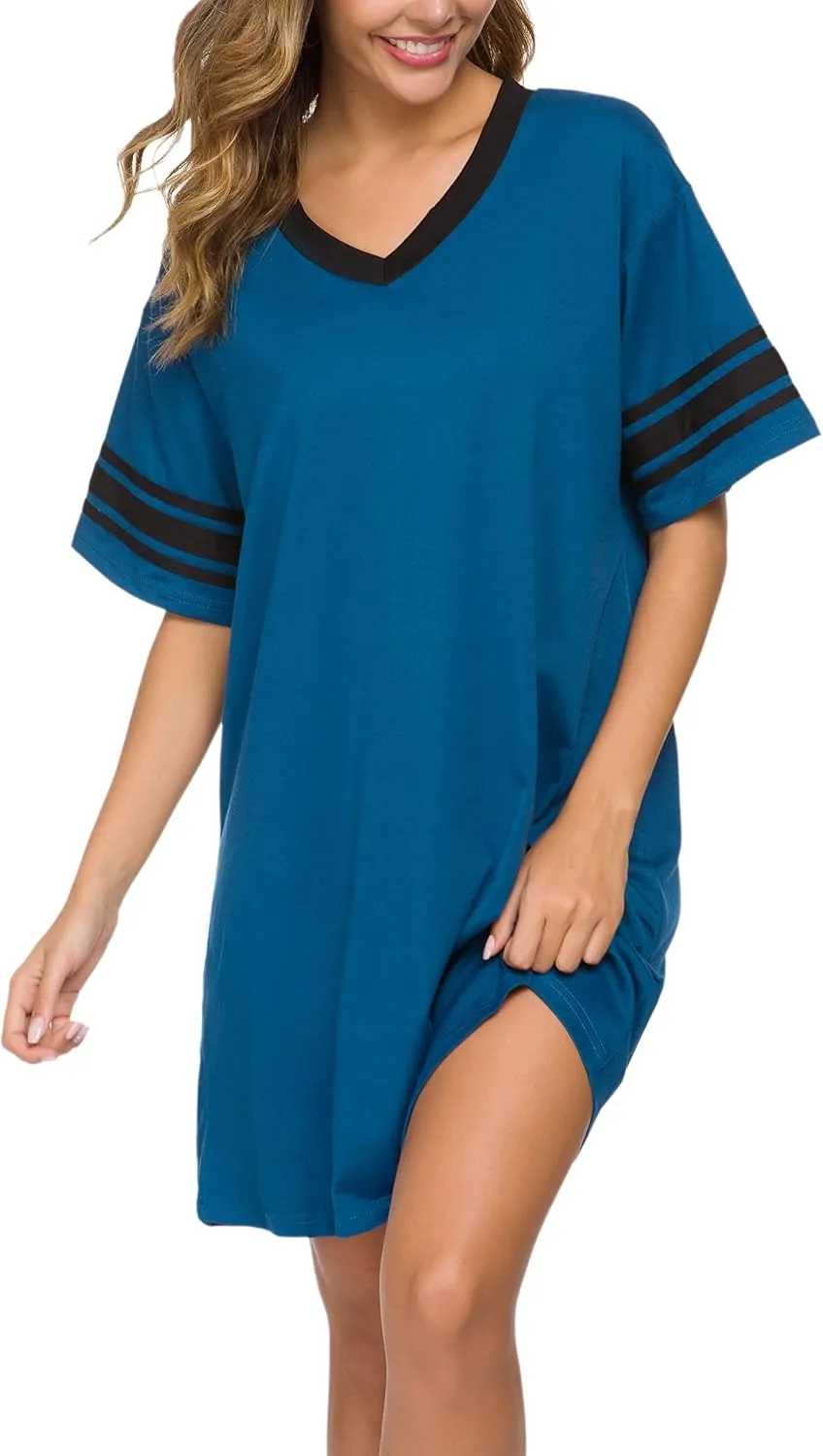 Women's Nightgown Short Sleeve Sleep Shirt V Neck Nightshirts Cotton Loose Comfy Pajamas Dress Casual Sleepwear
