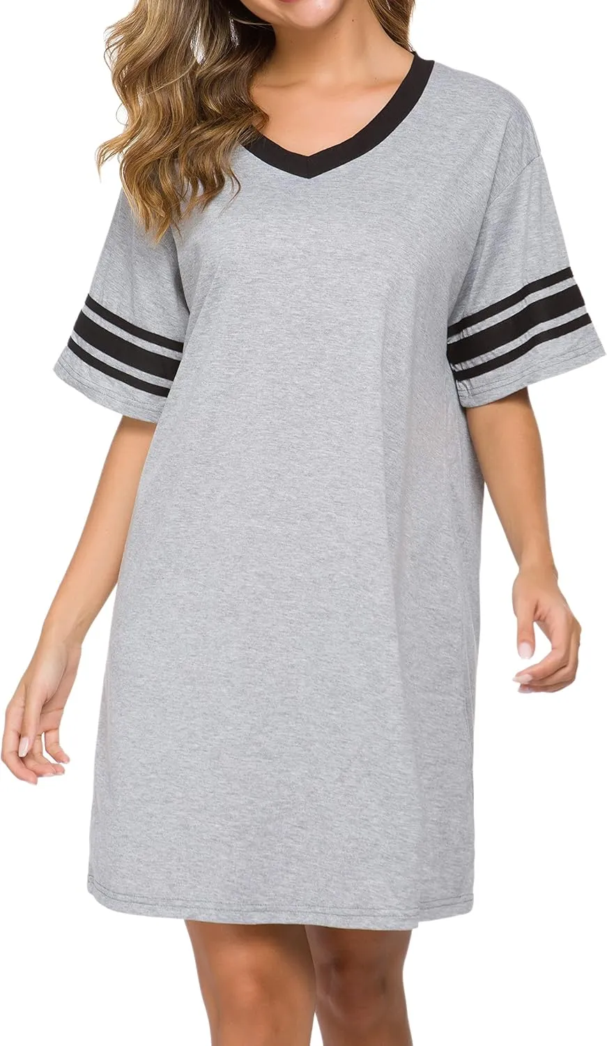 Women's Nightgown Short Sleeve Sleep Shirt V Neck Nightshirts Cotton Loose Comfy Pajamas Dress Casual Sleepwear