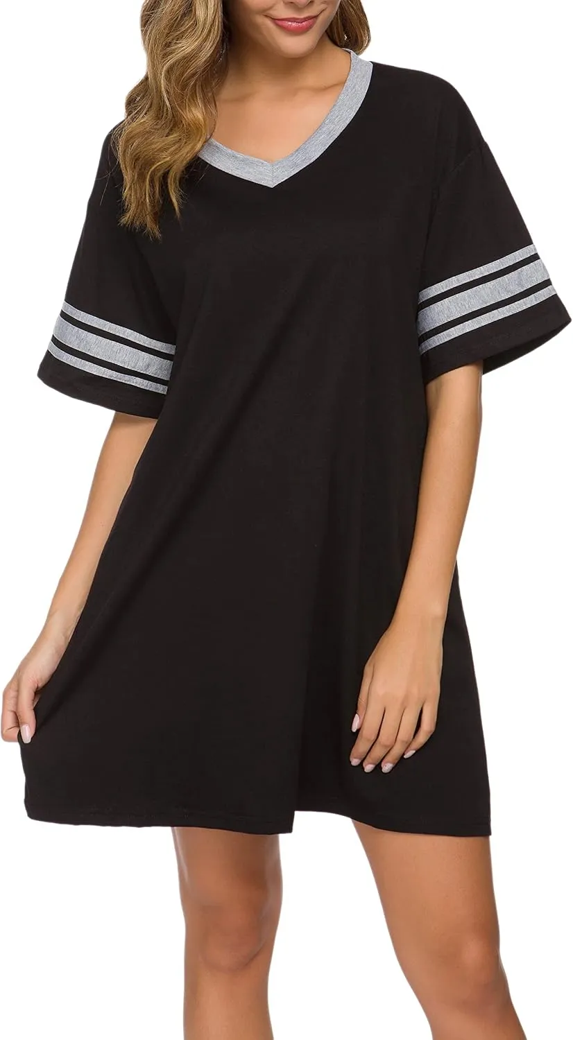 Women's Nightgown Short Sleeve Sleep Shirt V Neck Nightshirts Cotton Loose Comfy Pajamas Dress Casual Sleepwear