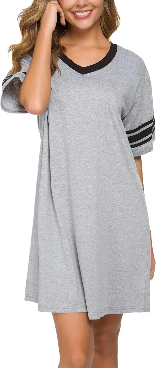 Women's Nightgown Short Sleeve Sleep Shirt V Neck Nightshirts Cotton Loose Comfy Pajamas Dress Casual Sleepwear