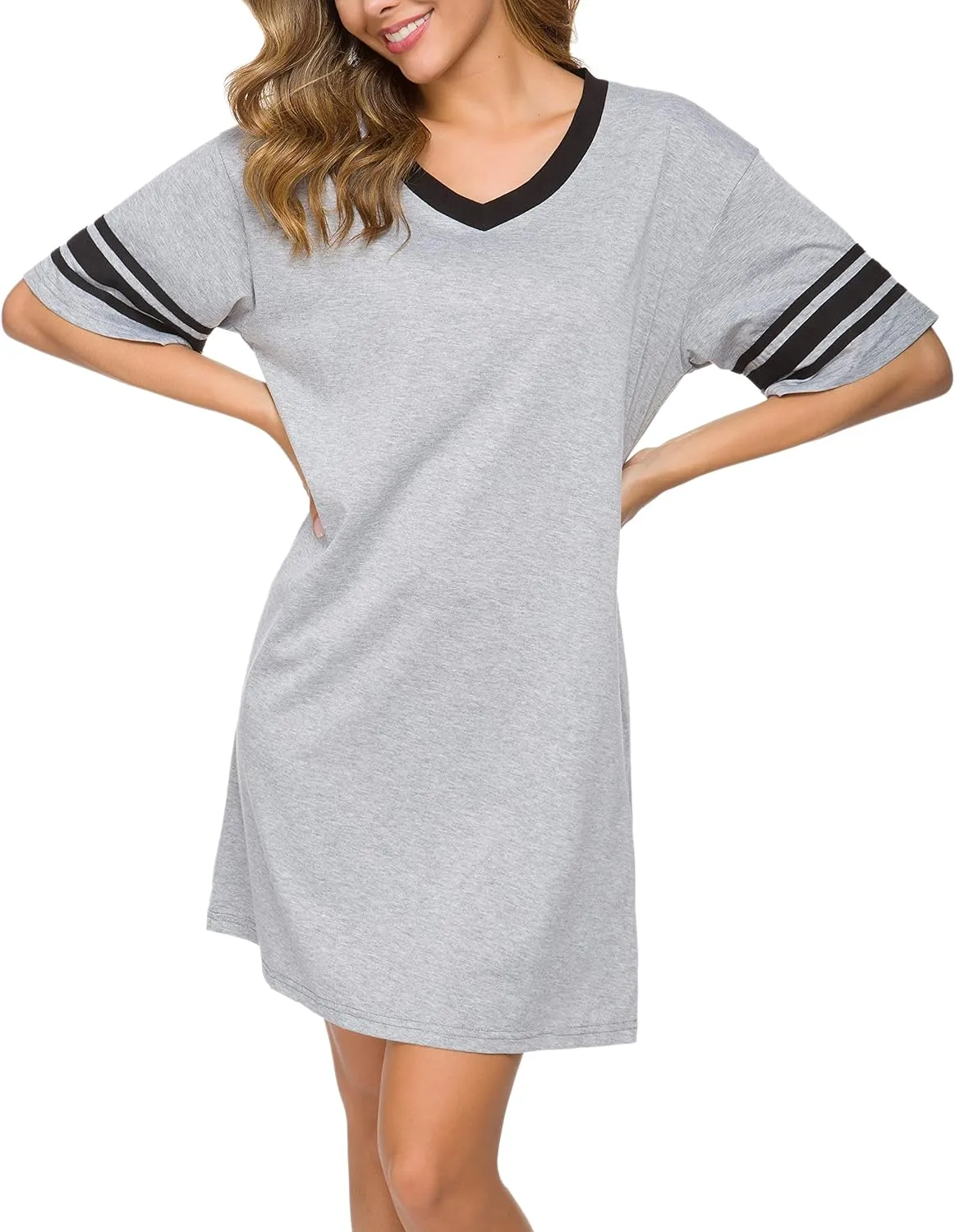 Women's Nightgown Short Sleeve Sleep Shirt V Neck Nightshirts Cotton Loose Comfy Pajamas Dress Casual Sleepwear