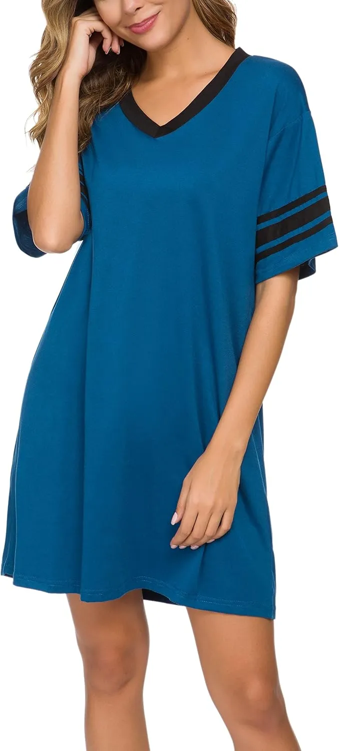 Women's Nightgown Short Sleeve Sleep Shirt V Neck Nightshirts Cotton Loose Comfy Pajamas Dress Casual Sleepwear
