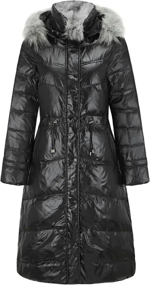 Women's Plus Size Shiny Down Jacket with Double Detachable Faux Fur Hooded Long Down Puffer Coat for Winter