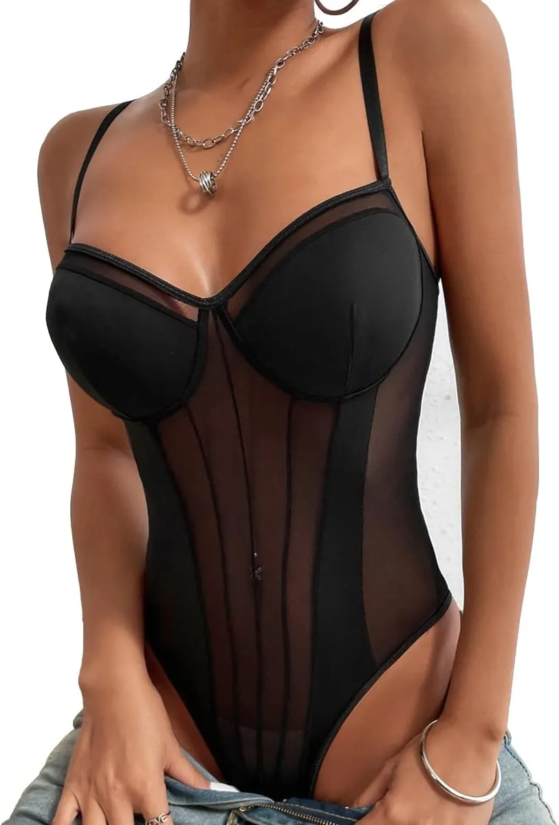 Women's Sheer Mesh Sleeveless See Through Backless Bustier Cami Bodysuit Tops