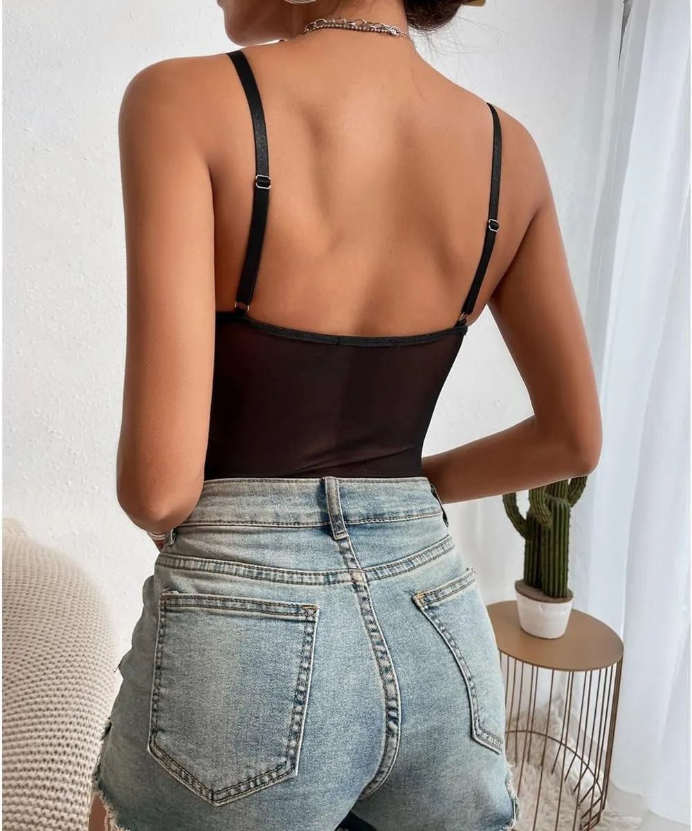 Women's Sheer Mesh Sleeveless See Through Backless Bustier Cami Bodysuit Tops