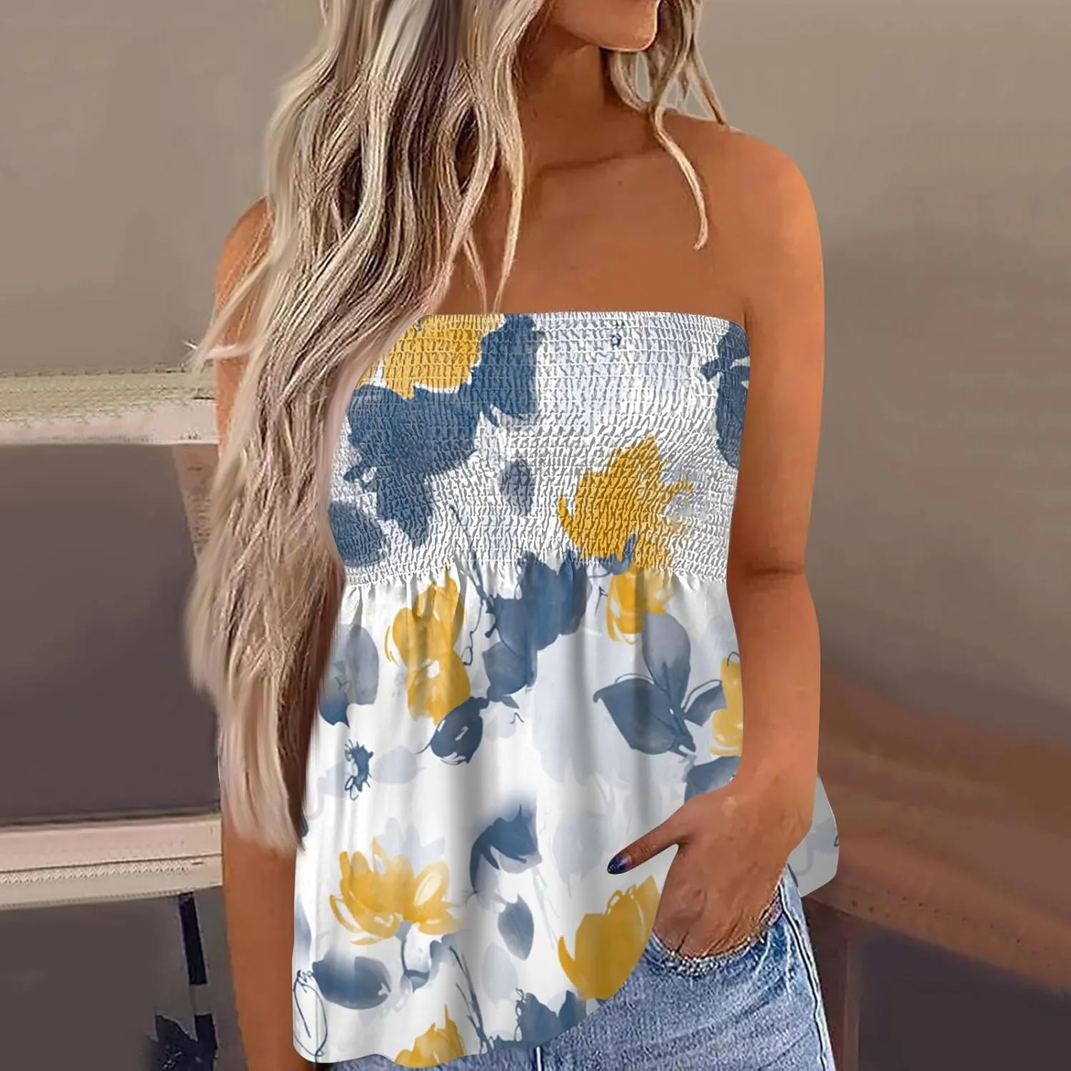 Womens Strapless Bandeau Tank Tops Tube Tops Floral Tanks Smocked Ruffled Backless Casual Bandeau Sleeveless Shirts