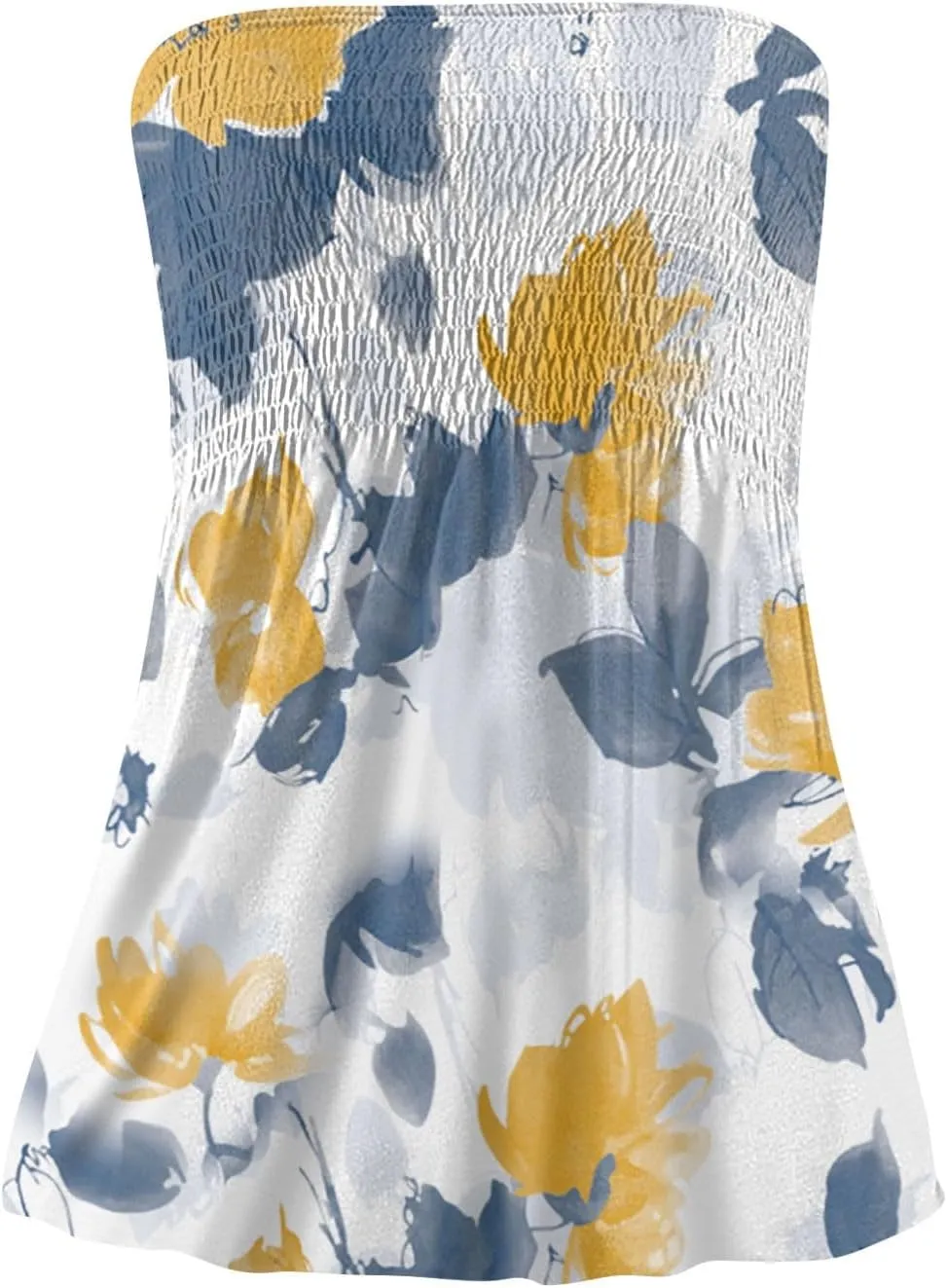 Womens Strapless Bandeau Tank Tops Tube Tops Floral Tanks Smocked Ruffled Backless Casual Bandeau Sleeveless Shirts