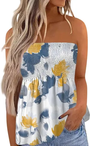 Womens Strapless Bandeau Tank Tops Tube Tops Floral Tanks Smocked Ruffled Backless Casual Bandeau Sleeveless Shirts