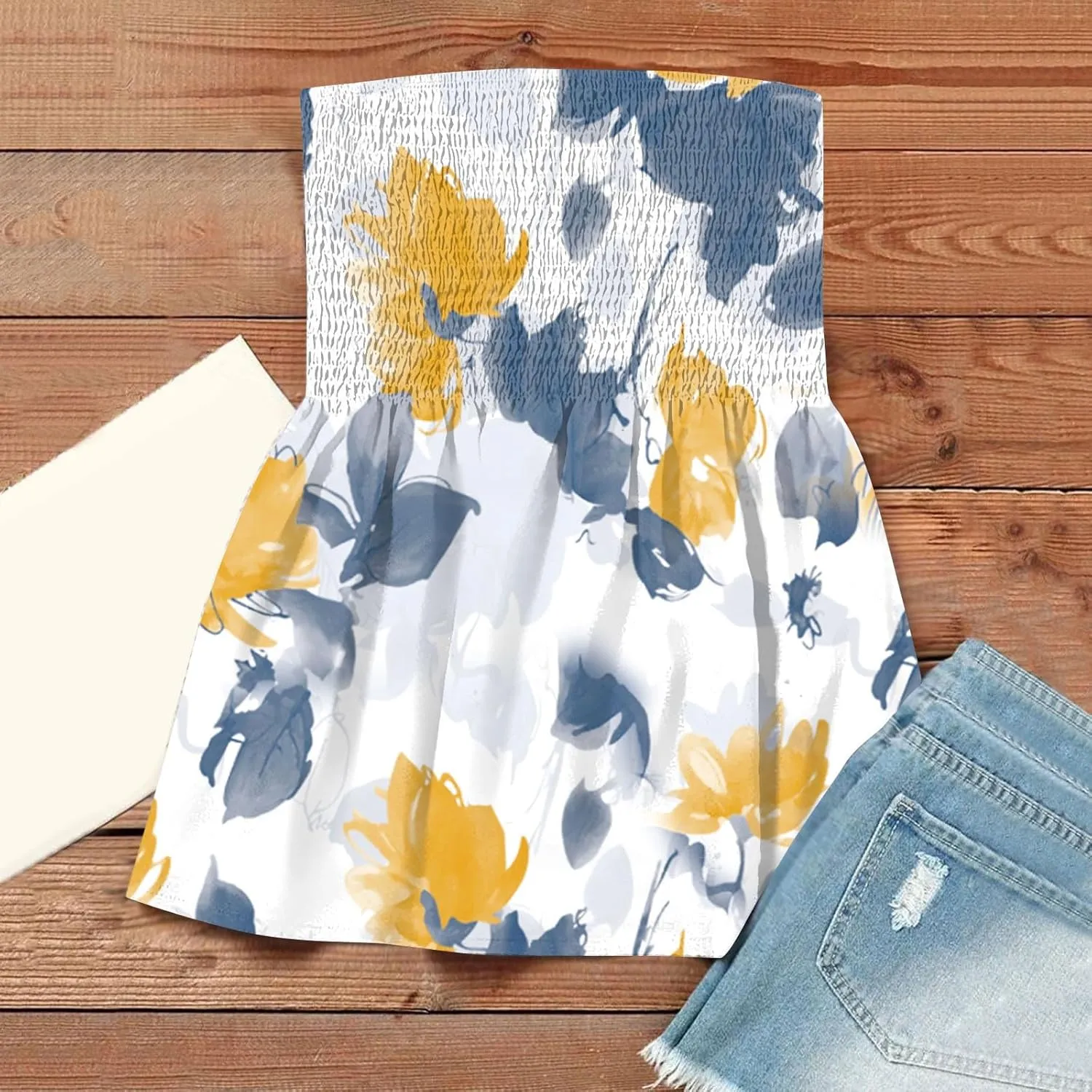Womens Strapless Bandeau Tank Tops Tube Tops Floral Tanks Smocked Ruffled Backless Casual Bandeau Sleeveless Shirts