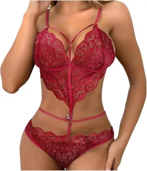 Women's Teddy Bodysuits One Piece Sexy Lace Deep V Babydolls Exotic Naughty Negligees Mesh Sheer Boudoir Nightgowns