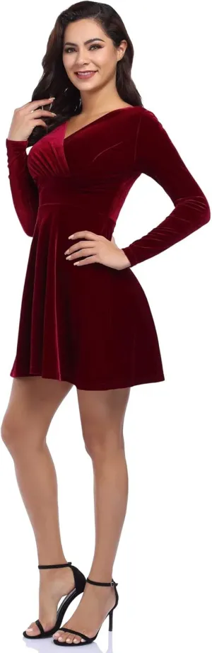 Women's V Neck Velvet Formal Elegant Evening Party Mini Dress