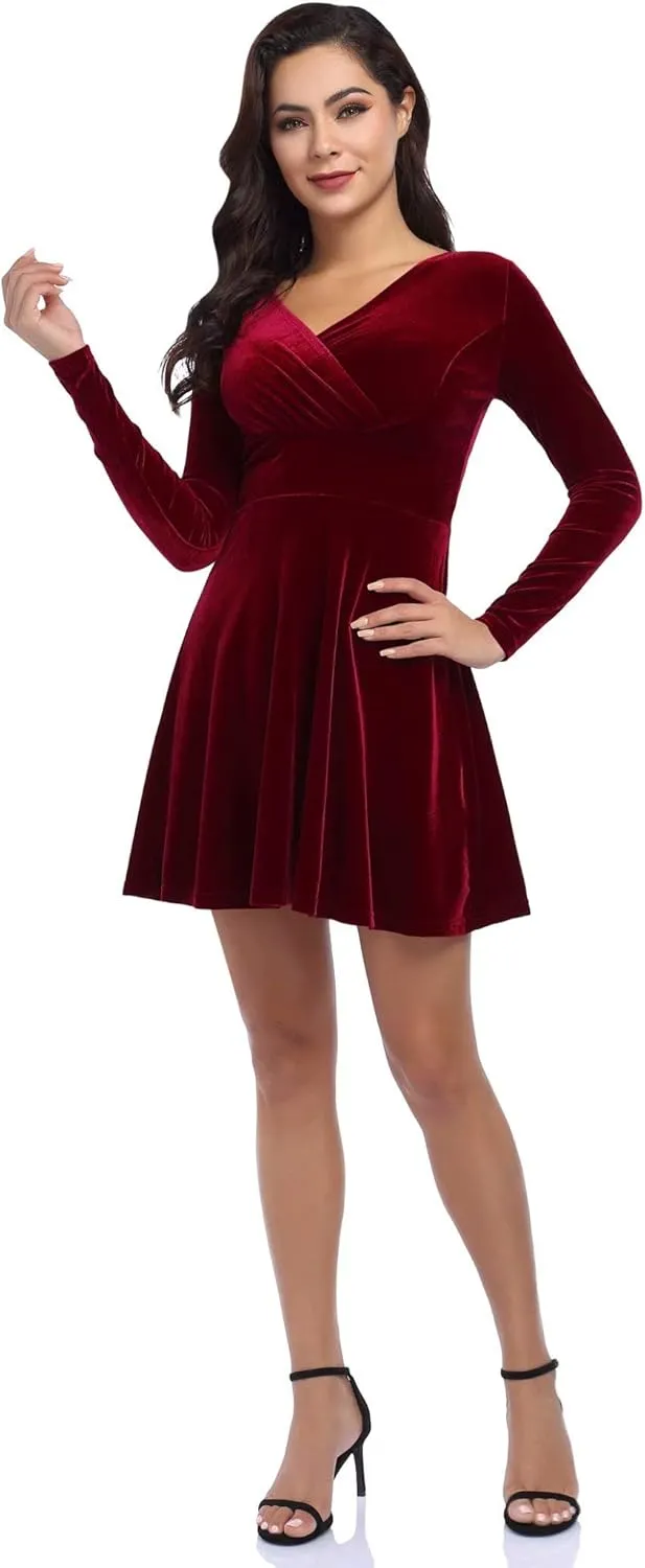Women's V Neck Velvet Formal Elegant Evening Party Mini Dress