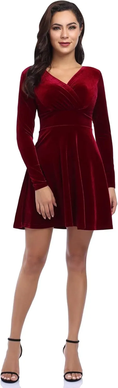 Women's V Neck Velvet Formal Elegant Evening Party Mini Dress