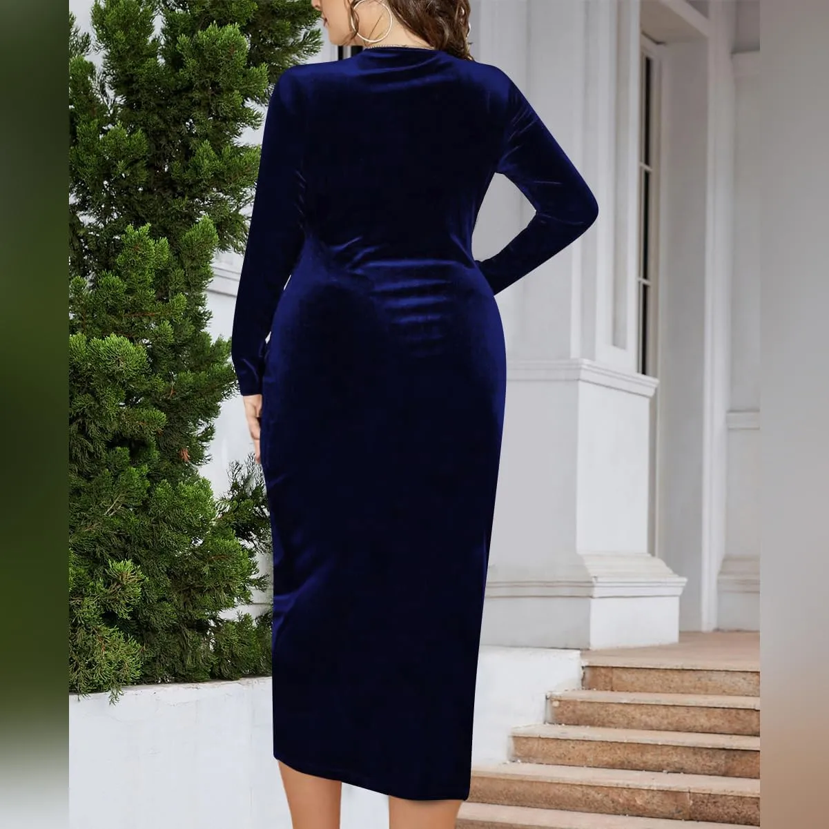 Women's V Neck Velvet Wrap Dress Long Sleeve Bodycon Cocktail Party Midi/Long Maxi Dress
