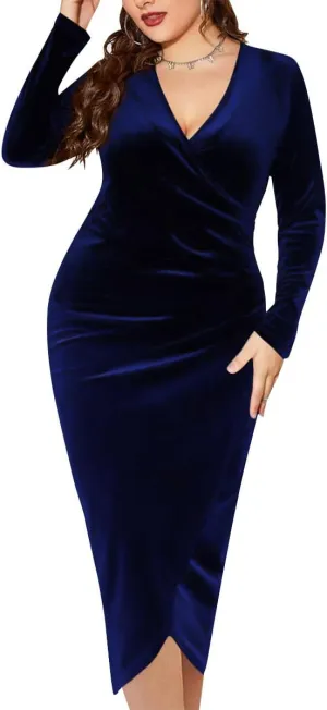 Women's V Neck Velvet Wrap Dress Long Sleeve Bodycon Cocktail Party Midi/Long Maxi Dress