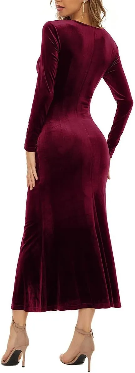 Women's V Neck Velvet Wrap Dress Long Sleeve Bodycon Cocktail Party Midi/Long Maxi Dress