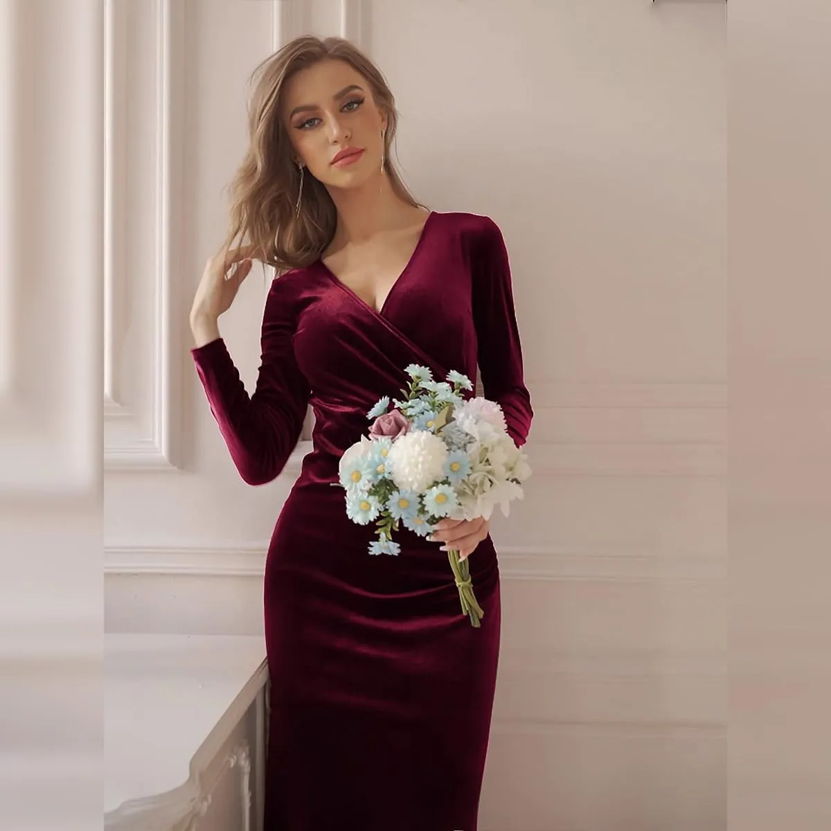 Women's V Neck Velvet Wrap Dress Long Sleeve Bodycon Cocktail Party Midi/Long Maxi Dress