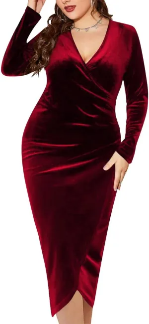 Women's V Neck Velvet Wrap Dress Long Sleeve Bodycon Cocktail Party Midi/Long Maxi Dress