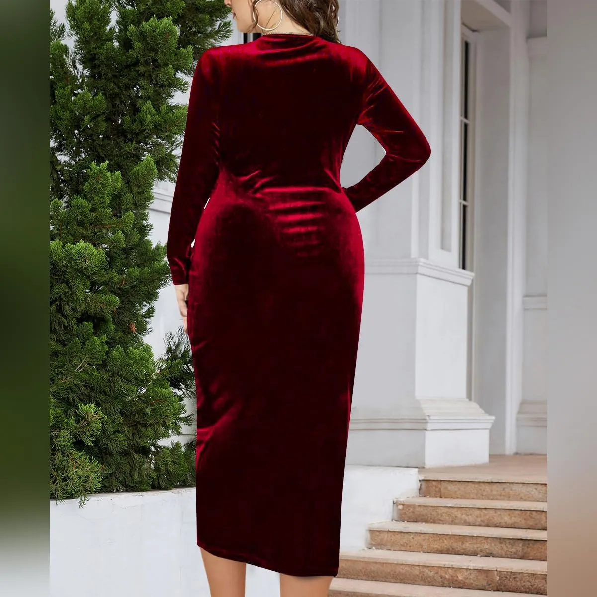 Women's V Neck Velvet Wrap Dress Long Sleeve Bodycon Cocktail Party Midi/Long Maxi Dress