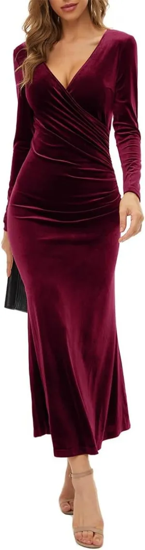 Women's V Neck Velvet Wrap Dress Long Sleeve Bodycon Cocktail Party Midi/Long Maxi Dress