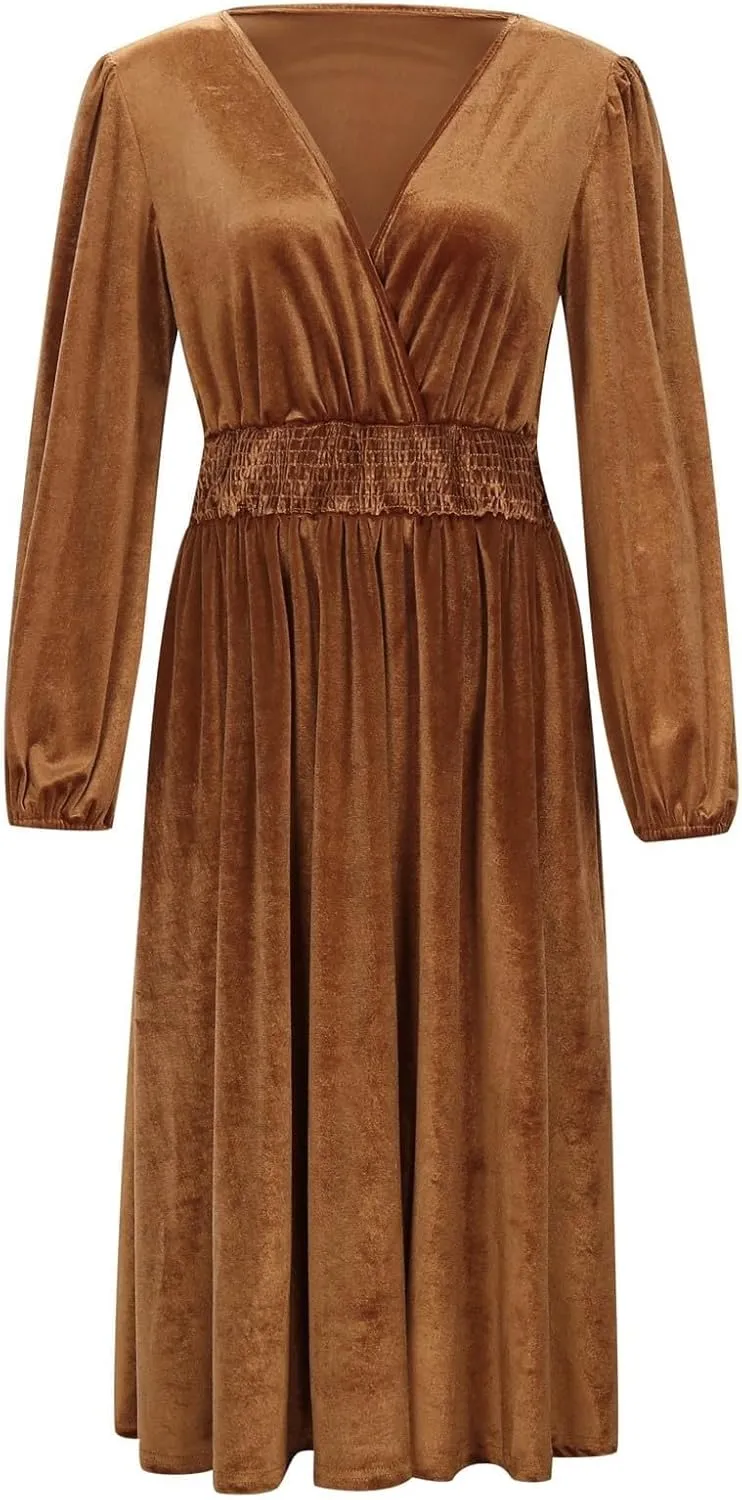 Women's Velvet Dress Long Puff Sleeve Cocktail Party Semi-Formal Fit and Flare Church Wedding Guest Work Dresses