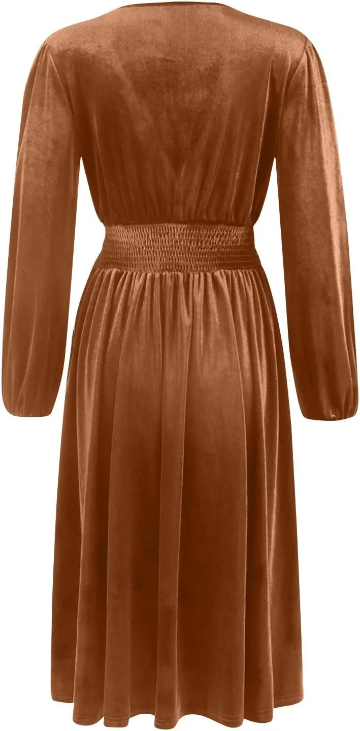Women's Velvet Dress Long Puff Sleeve Cocktail Party Semi-Formal Fit and Flare Church Wedding Guest Work Dresses