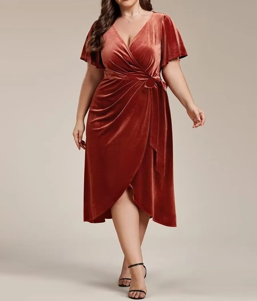 Women's Velvet Wrap Dress Formal V Neck Short Sleeves Elegant Midi Wedding Guest Cocktail Dresses