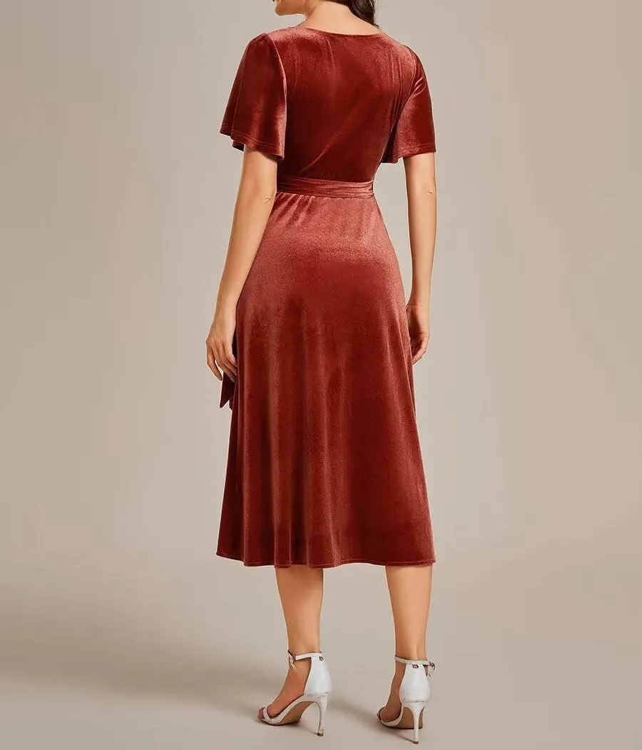 Women's Velvet Wrap Dress Formal V Neck Short Sleeves Elegant Midi Wedding Guest Cocktail Dresses