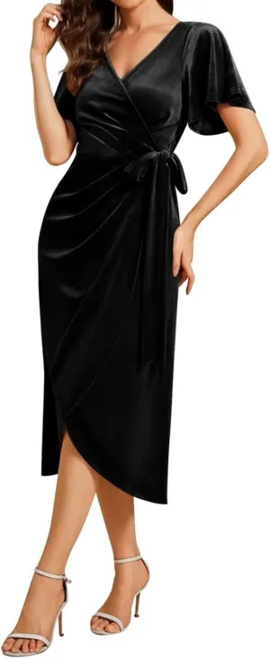 Women's Velvet Wrap Dress Formal V Neck Short Sleeves Elegant Midi Wedding Guest Cocktail Dresses
