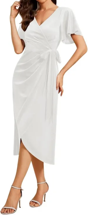 Women's Velvet Wrap Dress Formal V Neck Short Sleeves Elegant Midi Wedding Guest Cocktail Dresses