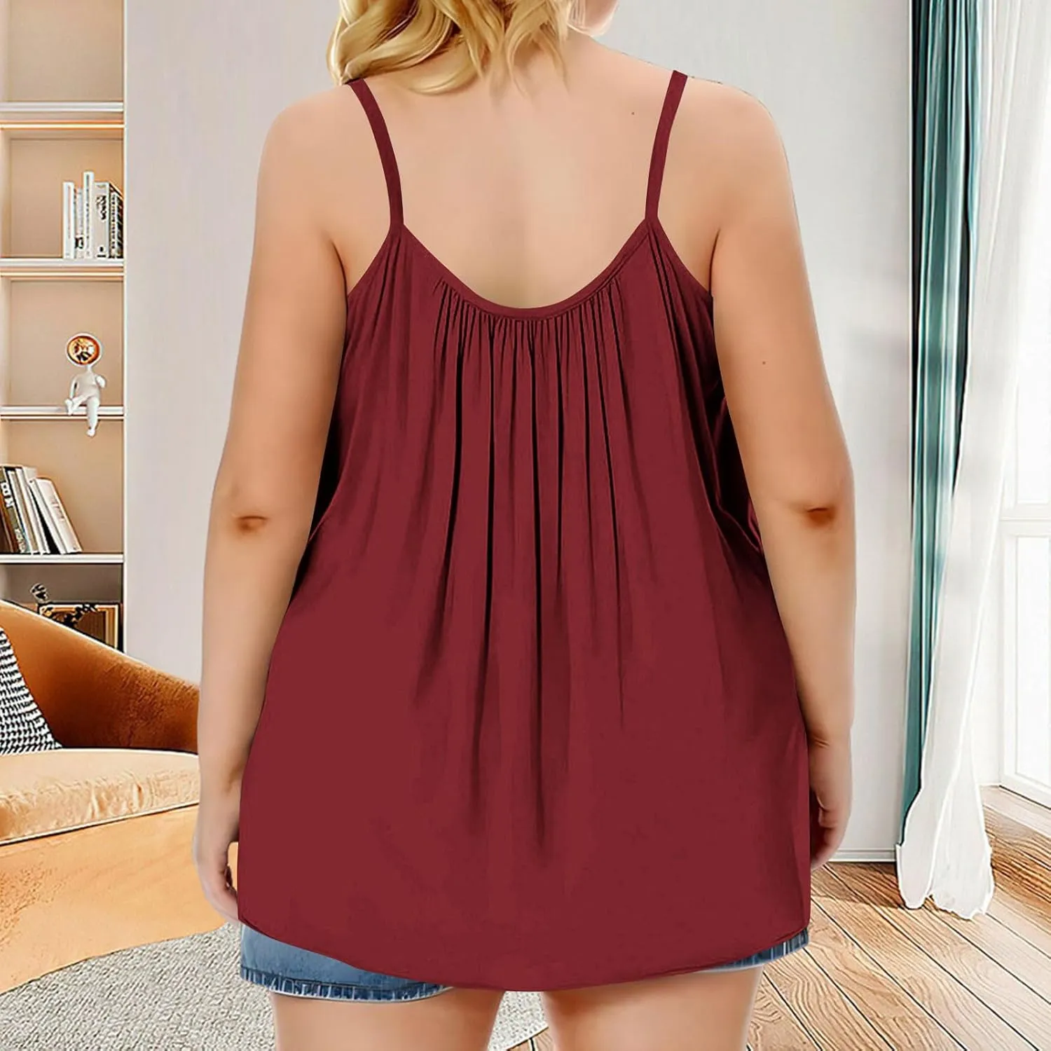 Xiaojmake Plus Size Tank Tops for Women Solid Pleated Loose Cami Spaghetti Strap Flowy Tunics Adjustable Strappy Loose Shirt