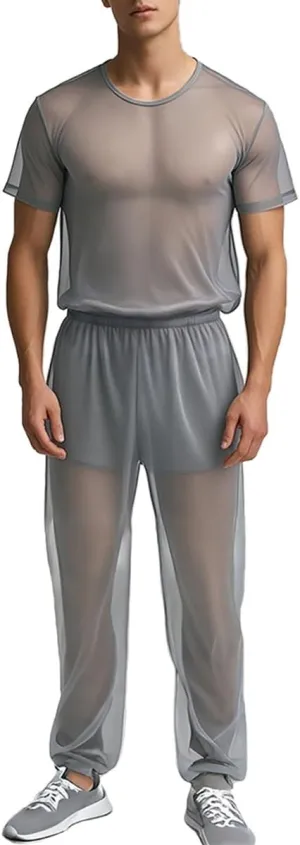 YINYOUYU Mens See Through Pajamas Set Sexy Mesh Sheer Muscle T Shirt Lounge Pants Underwear Sleepwear Clubwear