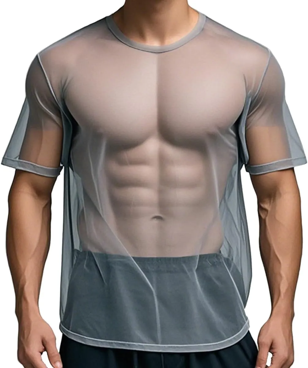 YINYOUYU Mens See Through Pajamas Set Sexy Mesh Sheer Muscle T Shirt Lounge Pants Underwear Sleepwear Clubwear
