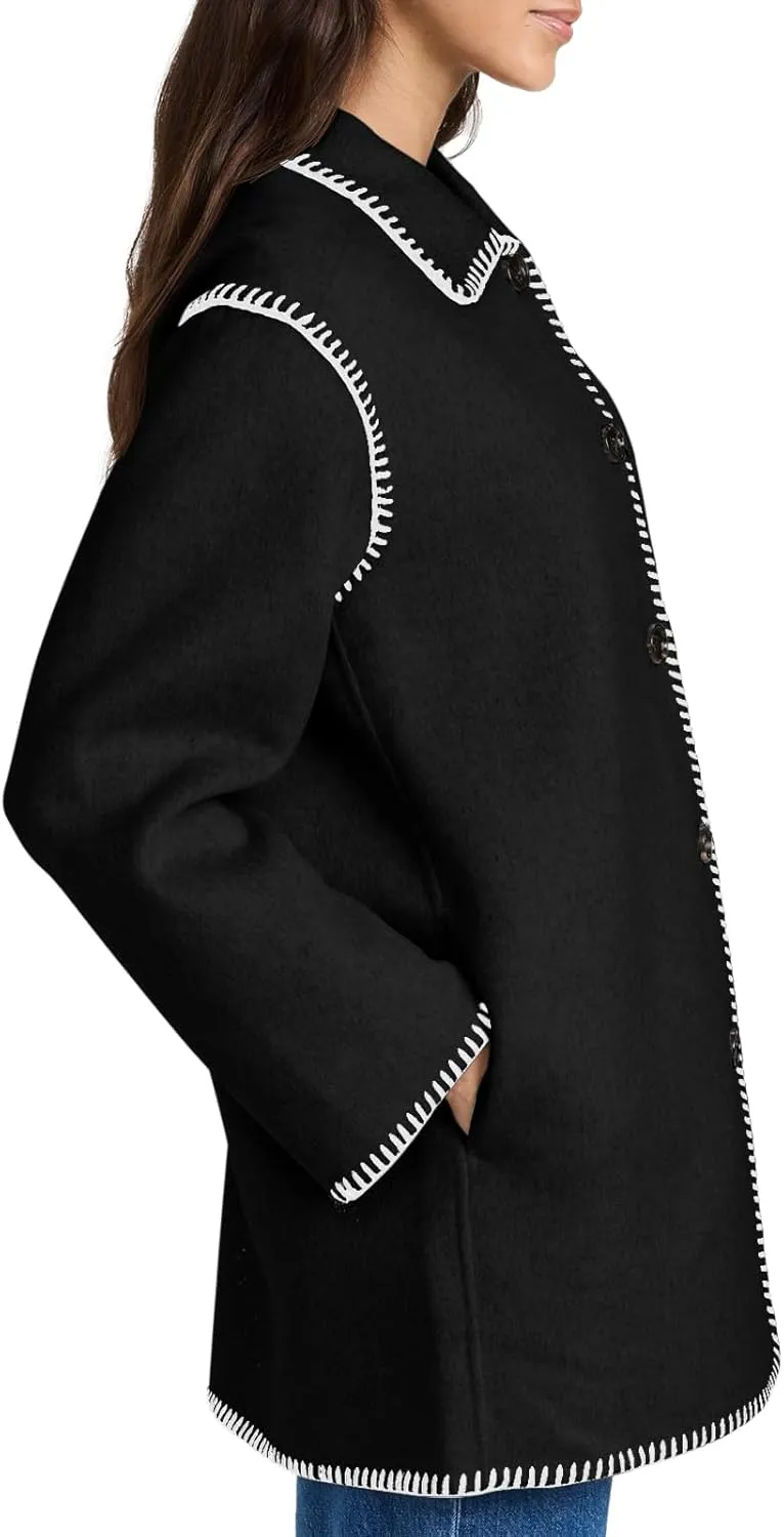 Yousify Women's Fall Winter Jackets 2024 Trendy Warm Mid Length Wool Pea Coat Casual Lapel Plus Size Jackets