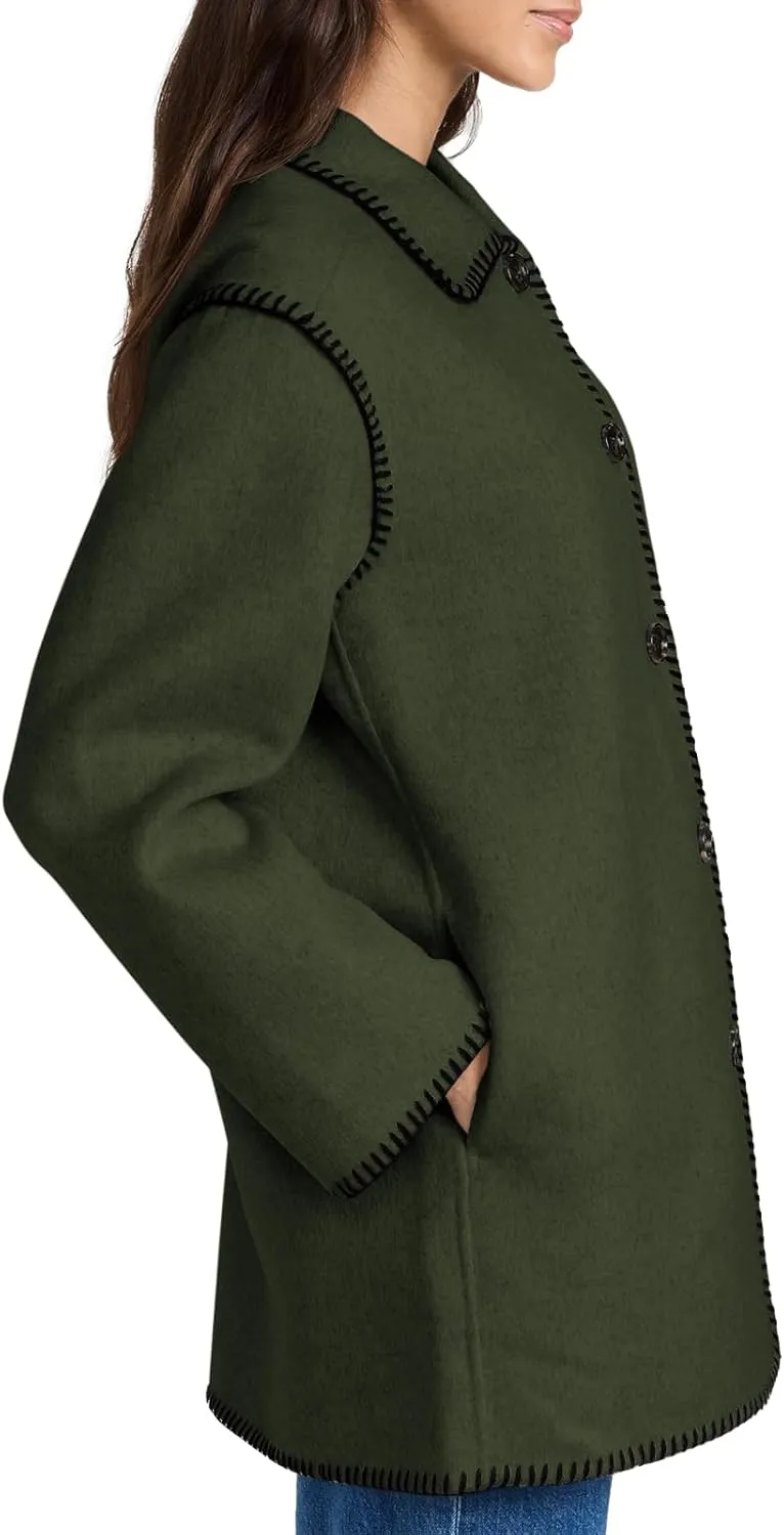 Yousify Women's Fall Winter Jackets 2024 Trendy Warm Mid Length Wool Pea Coat Casual Lapel Plus Size Jackets